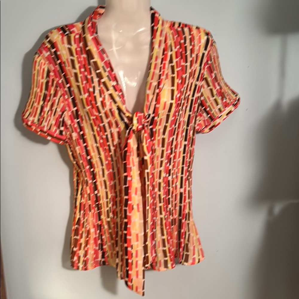 Worthington Women’s Multicolored Short Sleeve Tie Front Sailor Collar Blouse
